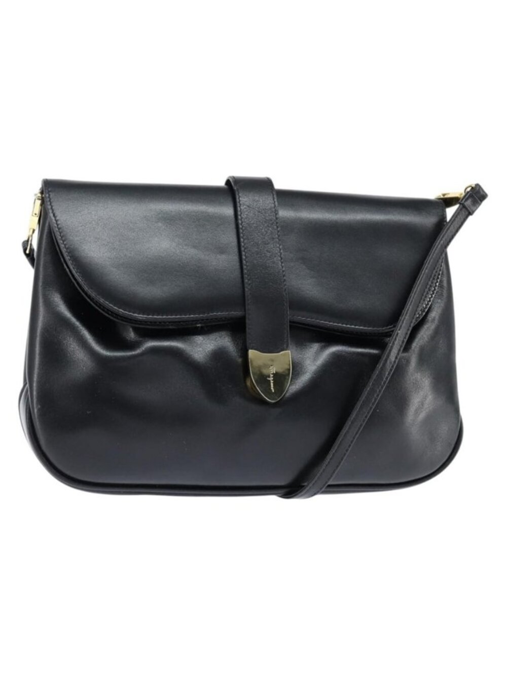 Authentic Salvatore Ferragamo Shoulder Bag Leather Black Gold